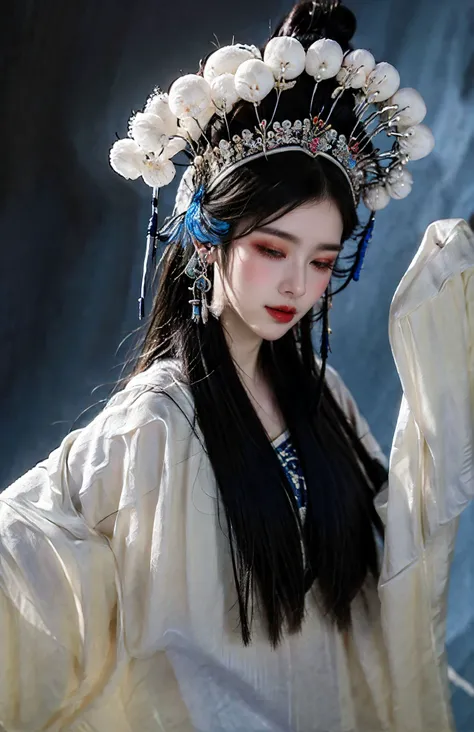 xuer traditional chinese art opera,1girl,solo,long hair,black hair,long sleeves,closed eyes,jewelry,earrings,closed mouth,upper body,blue background,
<lora:~Q?-bf xuer traditional chinese art opera:0.8>,