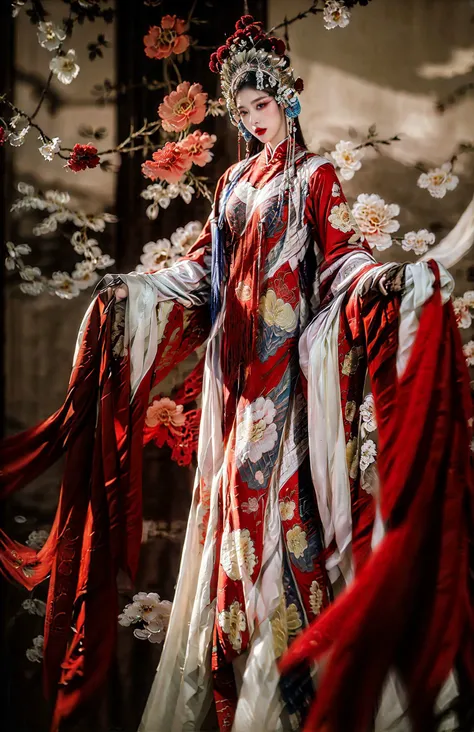xuer traditional chinese art opera,1girl,solo,flower,red lips,long sleeves,makeup,looking at viewer,lipstick,jewelry,long hair,floral print,tassel,blurry,closed mouth,standing,
<lora:~Q?-bf xuer traditional chinese art opera:0.8>,