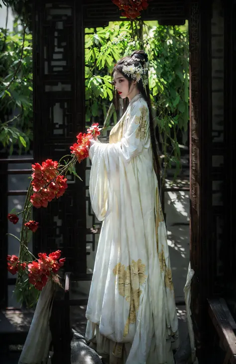 xuer traditional chinese art opera,1girl,solo,holding,flower,hair flower,standing,full body,wide sleeves,long sleeves,black hair,red lips,sleeves past wrists,looking at viewer,brown hair,floral print,(dark white and light gold:1.3),
pavilion,pool,Mahogany chair,ancient Chinese wooden architecture,Corridor bridge,(outdoors:1.3),
<lora:~Q?-bf xuer traditional chinese art opera:0.8>,