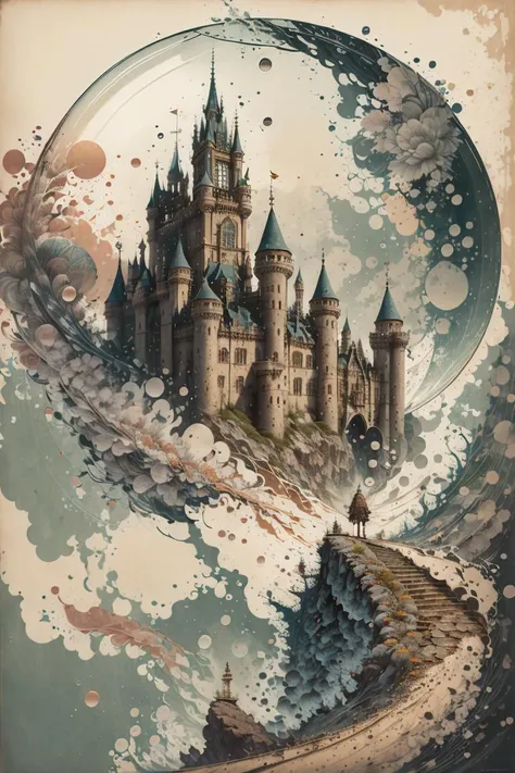 <lora:WC-girl-bubbles-water-style-darquelilly-v1:1> gbwstyle, castle