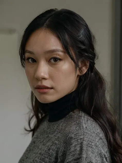 <lora:jesshong3-000014:1> jesshong A half body Portrait of a beautiful 26 year old woman, wearing a black turtle neck, focus on eyes, sexy stare