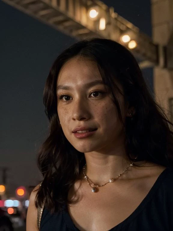<lora:jesshong3-000014:1> jesshong Realistic 8K portrait: A young Smiling Freckles brunette, brown eyes, wind-blown long hair, pearl necklace; dramatic lighting, cinematic colors; hyper-above