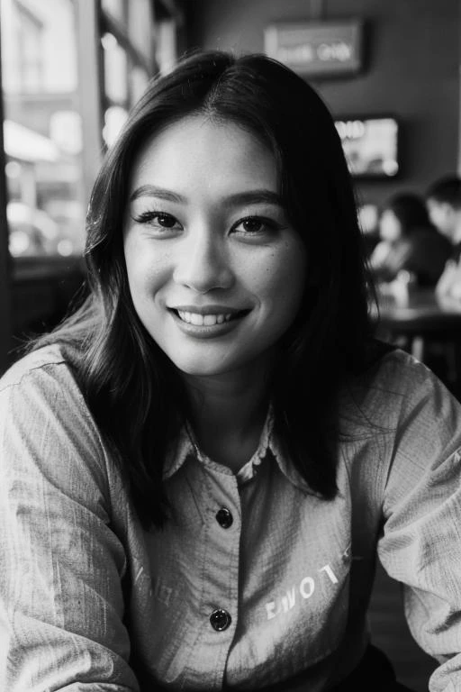 <lora:jesshong3-000008:1>  jesshong a close up portrait photo of a beautiful 26 y.o woman in a paris cafe,  big smile, wearing vintage clothing, moody, vines, organic, modern, (high detailed skin:1.2), 8k uhd, dslr, soft lighting, high quality, film grain, Fujifilm XT, [detailed face: perfect eyes:20]