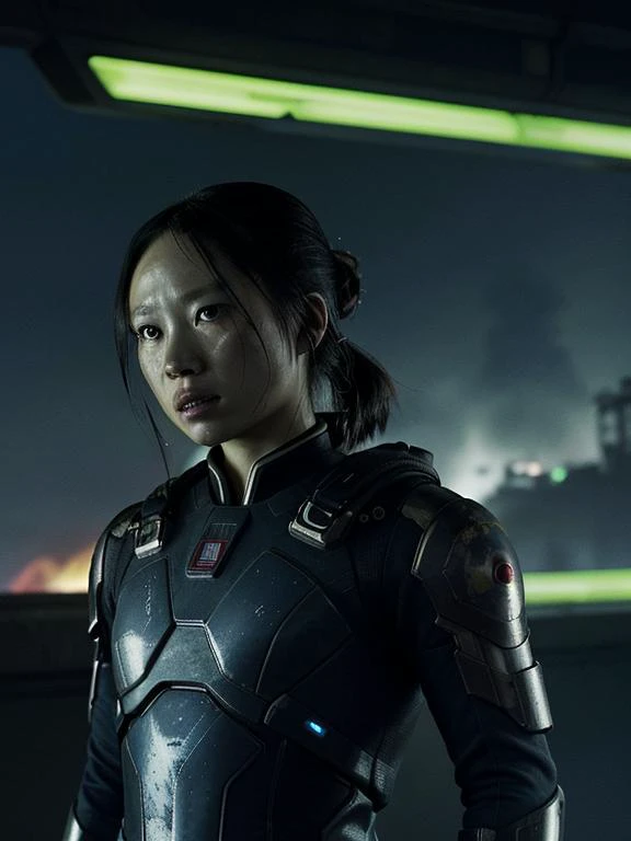 <lora:jesshong3-000008:1> jesshong The upper body of an android woman, staring at the viewer as if reminiscing of the life it had. apocalyptic background, dark mood, anime style, the skin is cracked and falling off,