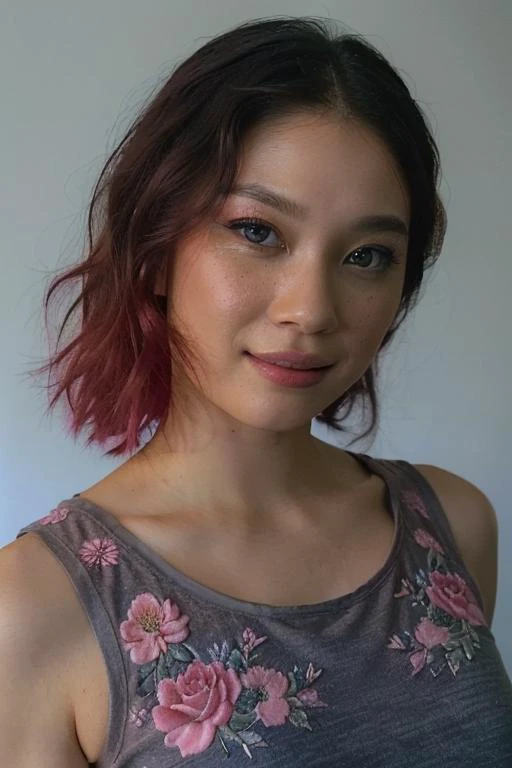 <lora:jesshong3-000008:1> jesshong (Masterful Digital Artwork:1. 3) of (Ultra detailed:1. 3), (raw photo ((ultra-detailed)), close-up fashion portrait of a woman, angelic face, ((ultra-detailed)), ((photo)), black tank top, pink eye shadows, roses and flowers, ((ultra-detailed)), auburn hair color, blue eyes, soft focus