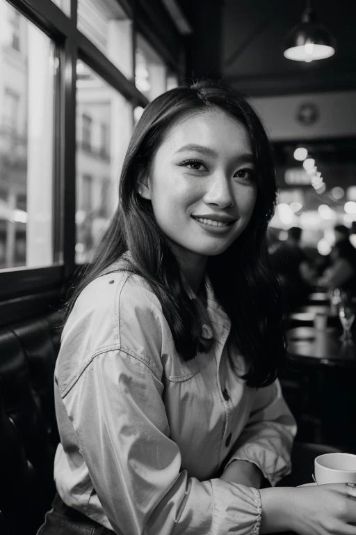 <lora:jesshong3-000008:1>  jesshong a close up portrait photo of a beautiful 26 y.o woman in a paris cafe,  big smile, wearing vintage clothing, moody, vines, organic, modern, (high detailed skin:1.2), 8k uhd, dslr, soft lighting, high quality, film grain, Fujifilm XT, [detailed face: perfect eyes:20]