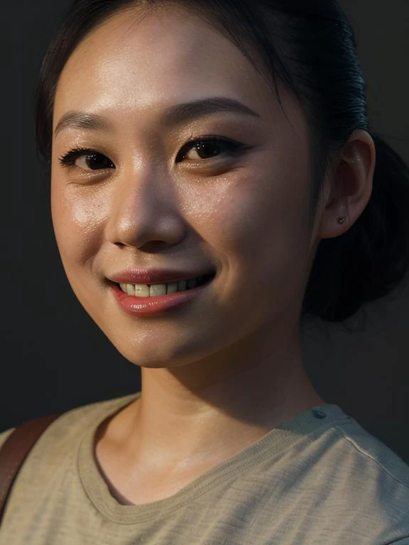 <lora:jesshong3-000008:1> jesshong pretty asian girl, waist up, smile, beautiful lighting, deep shadow, best quality, masterpiece, 8k , ultra highres, photorealistic, ((close up:1.2))