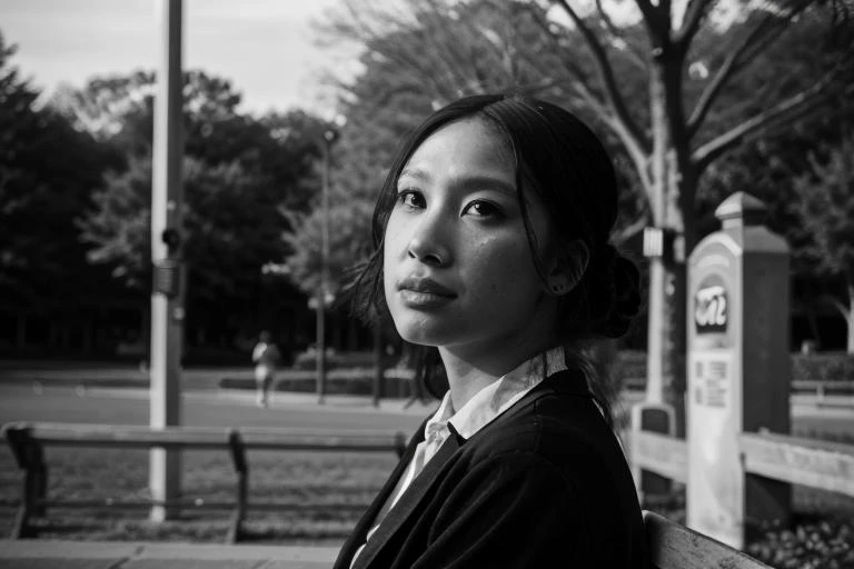 jesshong, 1girl, looking at viewer, portrait, sitting on bench, park, shadows, black and white, smoke, style karsh, style<lora:jesshong_v2-000004:1>