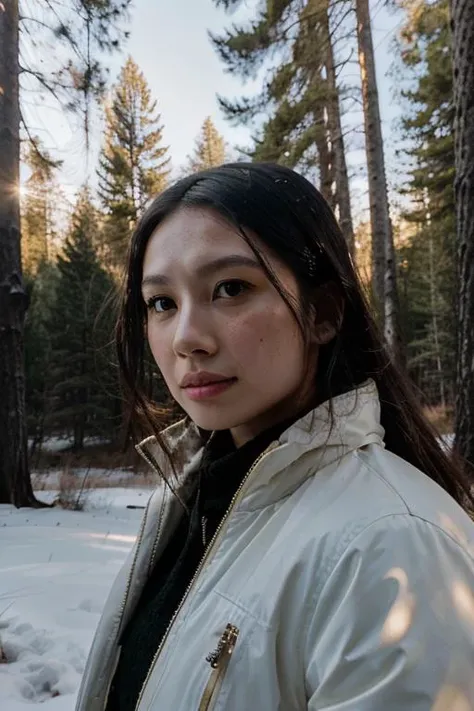 jesshong, 1girl, looking at viewer, portrait, snow, sunlight, white, <lora:jesshong_v2-000004:1>, woman, 26 years old, 1girl, detailed face, looking at viewer, forest, dark, heavenly light coming through the trees, tall trees