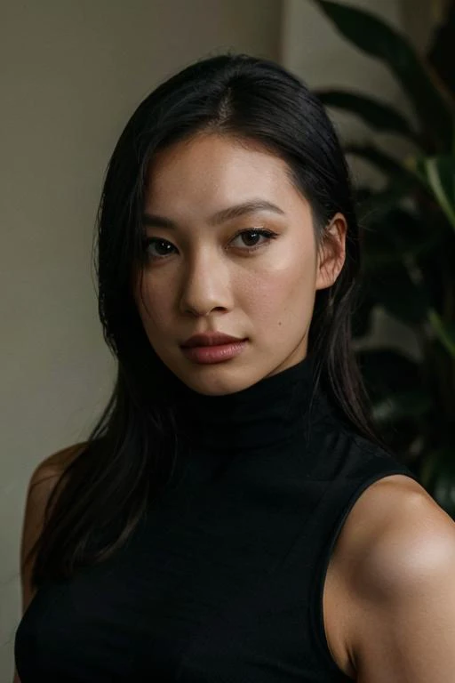 jesshong A half body Portrait of a beautiful 26 year old woman, wearing a black turtle neck, focus on eyes, sexy stare<lora:jesshong_v2-000004:1>