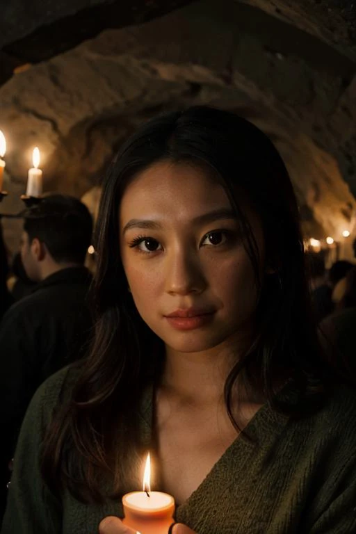 jesshong, 1girl, looking at viewer, portrait, cave, holding candle to face, candle light, <lora:jesshong_v2-000004:1>