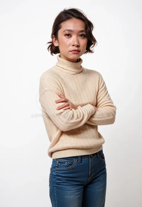 score_9, score_8_up, score_7_up, score_6_up, score_5_up, score_4_up, source_photo, source_real, 1girl, solo, short_hair, looking_at_viewer, brown_hair, brown_eyes, simple_background, white_background, pants, sweater, lips, turtleneck, watermark, crossed_arms, denim, jeans, realistic <lora:jess_hong_pxl:1> <lora:mergx2dallemid:1>