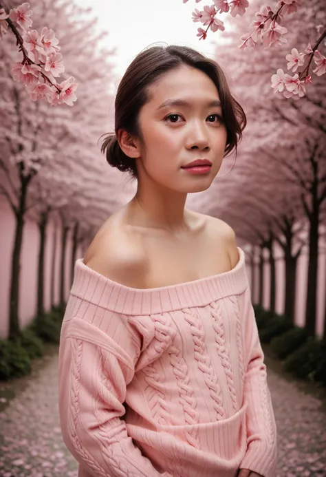 score_9, score_8_up, score_7_up, score_6_up, score_5_up, score_4_up, source_photo, source_real, 1girl, solo, short_hair, looking_at_viewer, brown_hair, brown_eyes, bare_shoulders, flower, sweater, lips, cherry_blossoms, realistic, pink_theme <lora:jess_hong_pxl:1> <lora:mergx2dallemid:1>