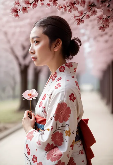 score_9, score_8_up, score_7_up, score_6_up, score_5_up, score_4_up, source_photo, source_real, 1girl, solo, short_hair, looking_at_viewer, brown_hair, brown_eyes, holding, flower, outdoors, japanese_clothes, kimono, blurry, profile, floral_print, cherry_blossoms, realistic <lora:jess_hong_pxl:1> <lora:mergx2dallemid:1>