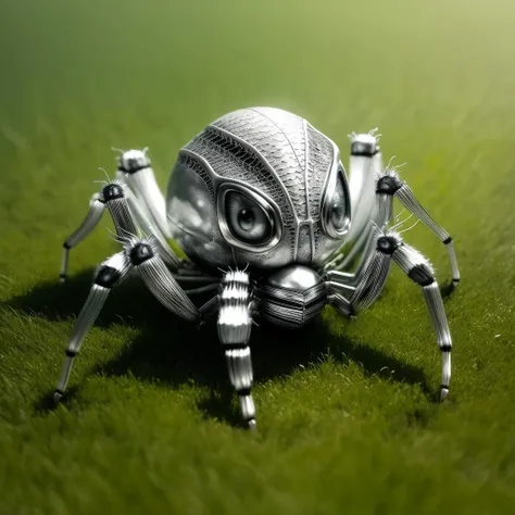 a silvercarvingcd-(spider:1.3), cute, <lora:silvercarvingcd-000005:0.7>, silvercarvingcd with shiny, no humans, high quality, masterpiece, realistic, photorealistic, long-focus, outdoors, grassland