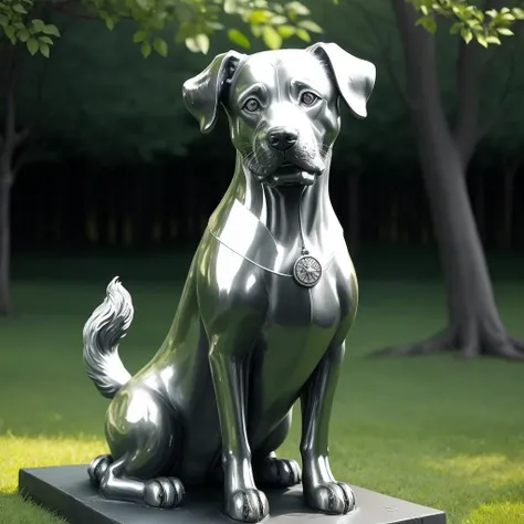 a (shiny:1.2) dog statue, solo, <lora:silvercarvingcd-000006:0.7>, silvercarvingcd with shiny, no humans, high quality, masterpiece, realistic, photorealistic, long-focus, outdoors, full body, on grass