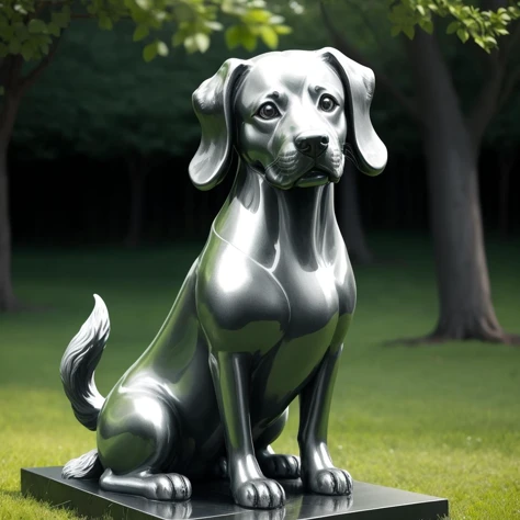 a (shiny:1.2) dog statue, solo, <lora:silvercarvingcd-000005:0.6>, silvercarvingcd with shiny, no humans, high quality, masterpiece, realistic, photorealistic, long-focus, outdoors, full body, on grass