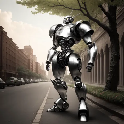 a (shiny:1.2) armor-robot, (solo:1.2), <lora:silvercarvingcd-000006:0.7>, silvercarvingcd with shiny, no humans, high quality, masterpiece, realistic, photorealistic, long-focus, outdoors, full body, cityscape, tree, flower