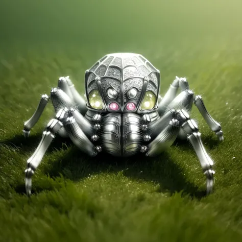 a silvercarvingcd-(spider:1.3), cute, <lora:silvercarvingcd-000006:0.7>, silvercarvingcd with shiny, no humans, high quality, masterpiece, realistic, photorealistic, long-focus, outdoors, grassland