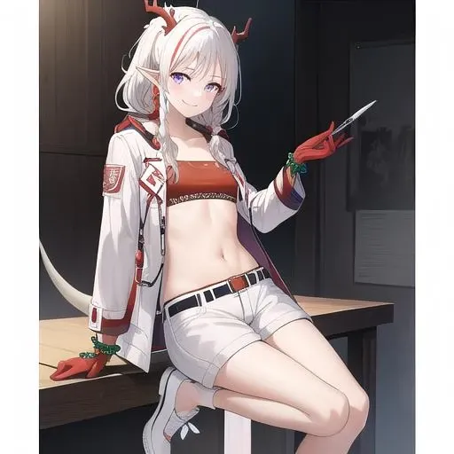((masterpiece)),(best quality),official art,extremely detailed CG,unity 8k wallpaper,ultra detailed,1girl,solo,cowboy shot,white_hair,white_shorts,strapless,long_hair,bandeau,jewelry,smile,purple_eyes,tail,navel,multicolored_hair,pointy_ears,braid,bracelet,red_hair,dragon_horns,white_footwear,streaked_hair,belt,shoes,looking_at_viewer,midriff,open_clothes,red_skin,jacket,breasts,bare_legs,white_coat,bangs,<lora:Nian(ark)>,
