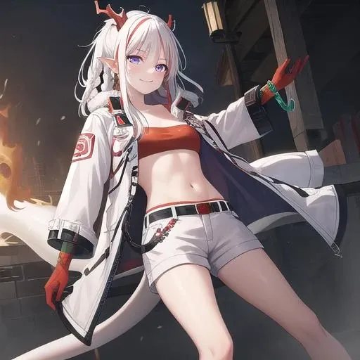 ((masterpiece)),(best quality),official art,extremely detailed CG,unity 8k wallpaper,ultra detailed,1girl,solo,cowboy shot,white_hair,white_shorts,strapless,long_hair,bandeau,jewelry,smile,purple_eyes,tail,navel,multicolored_hair,pointy_ears,braid,bracelet,red_hair,dragon_horns,white_footwear,streaked_hair,belt,shoes,looking_at_viewer,midriff,open_clothes,red_skin,jacket,breasts,bare_legs,white_coat,bangs,<lora:Nian(ark)>,