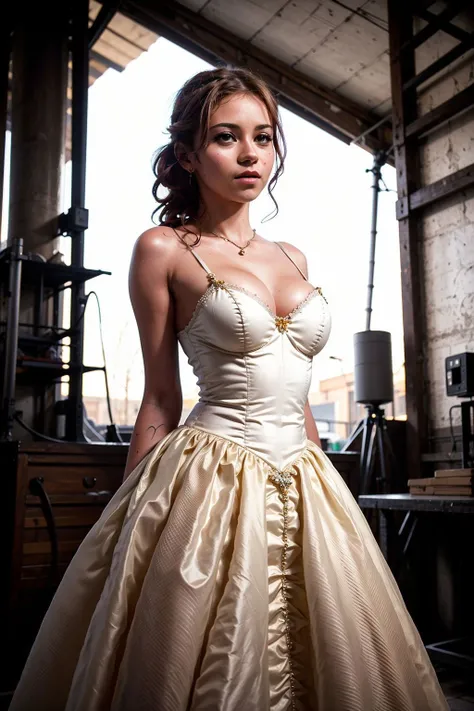 large format photo of MarshaMay, (baroque ball gown:1.1), upper body, factory, hard light, eye level, <lora:MarshaMay:1>