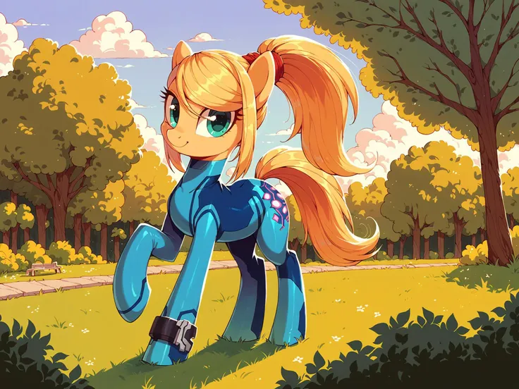 score_9, score_8_up, score_7_up, score_6_up, pony, MLP,  (smile:1.3), feral pony, drawn, mare, 1 girl, long mane, beige colored fur, teal eyes, outdoors, looking at viewer, park, PonySamus, zero suit, <lora:PonySamus:1>, muted