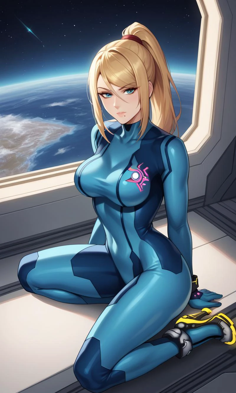 sscore_9, score_8_up, score_7_up, score_6_up, source_anime, BREAK masterpiece <lora:SSB4_Zero_Suit_Samus_-_PonyXL:0.9>,PonySamus, ponytail, blue eyes, zero suit, blue bodysuit, space, sitting, spaceship, interior, breasts, heels, looking at viewer,