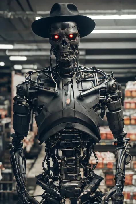 picture of terminator <lora:TerminatorDogu2_1:0.75> , at the grocery store, wearing a (fedora hat:1.1), 8k uhd, dslr, soft lighting, high quality, film grain, Fujifilm XT3