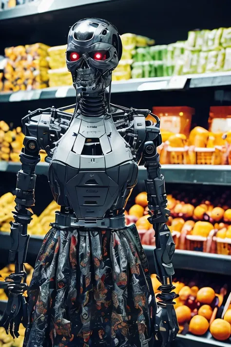 picture of terminator woman <lora:TerminatorDogu2_1:0.9> , at the grocery store, wearing a (cute dress:1.3), 8k uhd, dslr, soft lighting, high quality, film grain, Fujifilm XT3