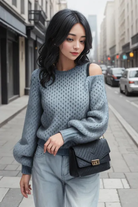 xyzabcsweater23, 1girl, light blue sweater, blue jeans, black long hairs, shoulder purse winter street background,<lora:xyzabcsweater23-10:.8>