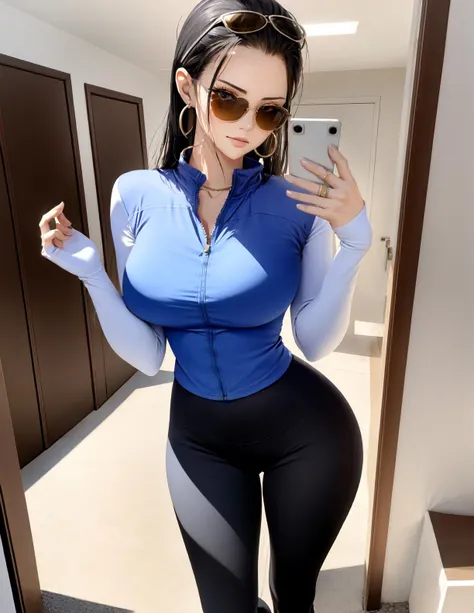 masterpiece, best quality, beautiful woman, full body, detailed hairstyle, ompletly sweated, hoop earrings, golf bangle, choker, mature female, indoors, <lora:nico_robin:1> nico robin, sunglasses, eyewear on head, long hair, large breasts <lora:yundong:1> long_tracksuit, yoga pants