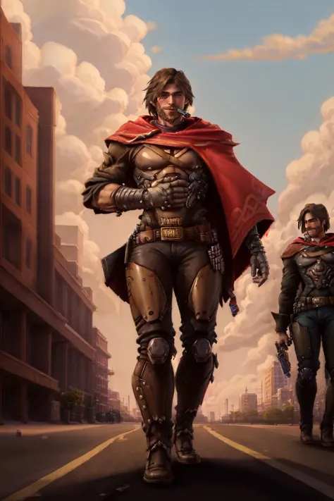 mccree walks on the streets of new york with a cigar in his mouth, admiring the surrounding scenery<lora:mccreeLORAOWOverwatch_mccree01:0.8>