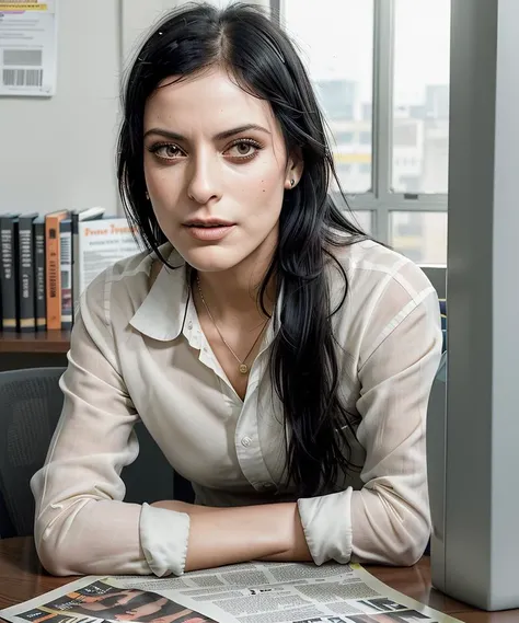 St3fKl0ss, "In the orderly confines of a government office, a poised woman in her early thirties sits at her desk, engrossed in the morning newspaper.", (closeup portrait:1.2), high detailed