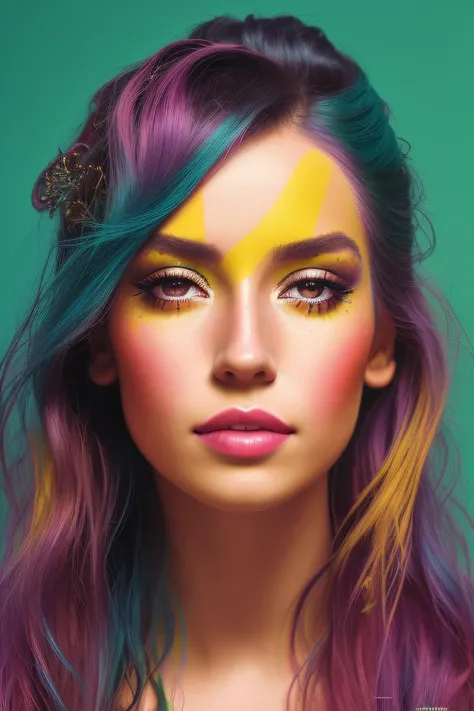 a photo of (((medium body))) of (TugbaYurt01) with her (dark black with electric blue hairs), ((red eyebrows)), perfect face, long hair, curvy hair, pink skin, white skin, Baroque gypsy dress, radiant hues of pinks, magentas, and purples, panier reminiscent of 18th-century Rococo structures, geometric and linear patterns, vivacious colors and patterns with bursts of light green, splashes of bright purples, sunny whites, and light pink accents, deep purples with vivid red undertones, hints of magenta and sporadic light cyan patterns, soft hues with deliberate compositions, bright yellow and dappled light cyan accents, by Vivienne Westwood, by Mondrian, by Alexander McQueen, by John Galliano, by Andy Warhol, by Wes Anderson, by Annie Leibovitz, by Caravaggio, Baroque, Rococo, Punk-originated reinterpretation of historical dress, Modern Victorian, Hippie movement, 1960s Pop Art movement, Chiaroscuro, Photorealistic, Hyperrealistic, Hyperdetailed, analog style, detailed skin, matte skin, soft lighting, subsurface scattering, realistic, heavy shadow, masterpiece, best quality, ultra realistic, 8k, golden ratio, Intricate, High Detail, film photography, soft focus, remarkable color, textured skin, remarkable detailed pupils, realistic dull skin noise, visible skin detail, skin fuzz,(blush:0.5), (goosebumps:0.5), from above, <lora:TugbaYurt01-000003:1>