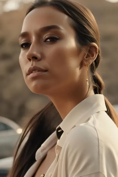 A portait body of woman (TugbaYurt01) long ponytail hairstyle, detailed face, perfect face, (white shirt, unbuttoned shirt), Photorealistic, Hyperrealistic, Hyperdetailed, analog style, detailed skin, matte skin, soft lighting, subsurface scattering, realistic, soft shadow, masterpiece, best quality, ultra realistic, 8k, golden ratio, Intricate, High Detail, film photography, soft focus, RAW candid cinema, 16mm, color graded portra 400 film, remarkable color, ultra realistic, textured skin, remarkable detailed pupils, realistic dull skin noise, visible skin detail, skin fuzz, dry skin, shot with cinematic camera,<lora:TugbaYurt01-000003:1>, outdoor, (from below:0.5), wide angle, (from side:0.2), junk yard background