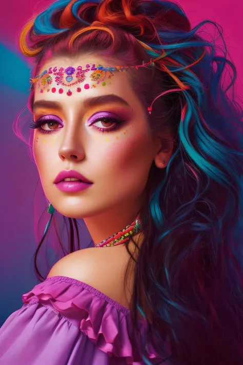 a photo of (((medium body))) of (TugbaYurt01) with her (dark black with electric blue hairs), ((red eyebrows)), perfect face, long hair, curvy hair, pink skin, white skin, Baroque gypsy dress, radiant hues of pinks, magentas, and purples, panier reminiscent of 18th-century Rococo structures, geometric and linear patterns, vivacious colors and patterns with bursts of light green, splashes of bright purples, sunny whites, and light pink accents, deep purples with vivid red undertones, hints of magenta and sporadic light cyan patterns, soft hues with deliberate compositions, bright yellow and dappled light cyan accents, by Vivienne Westwood, by Mondrian, by Alexander McQueen, by John Galliano, by Andy Warhol, by Wes Anderson, by Annie Leibovitz, by Caravaggio, Baroque, Rococo, Punk-originated reinterpretation of historical dress, Modern Victorian, Hippie movement, 1960s Pop Art movement, Chiaroscuro, Photorealistic, Hyperrealistic, Hyperdetailed, analog style, detailed skin, matte skin, soft lighting, subsurface scattering, realistic, heavy shadow, masterpiece, best quality, ultra realistic, 8k, golden ratio, Intricate, High Detail, film photography, soft focus, remarkable color, textured skin, remarkable detailed pupils, realistic dull skin noise, visible skin detail, skin fuzz,(blush:0.5), (goosebumps:0.5), from above, <lora:TugbaYurt01-000003:1>