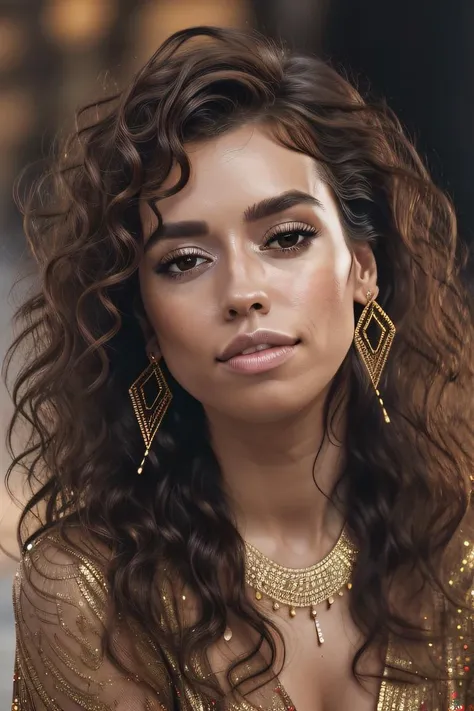 (Imaan Hammam) Face portrait of a moroccan woman with long dark brown curly hair, light brown skin and detailed seductive eyes, wearing a black dress, at the cinema, best quality masterpiece, photorealistic, detailed, 8k, HDR, shallow depth of field, wide light, high contrast, backlighting, bloom, light glows, chromatic aberration, sharp focus, RAW color photo