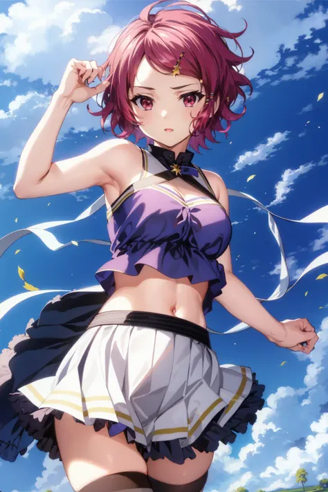 masterpiece, best quality, 1girl, <lora:KoitoMinase:0.8> koito minase, crop top, cleavage, skirt, thighhighs