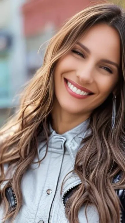 portrait of woman (pampita:1) smiling with a leather jacket, in the street, high detailed face, 4k, 8k, <lora:pampita:1>