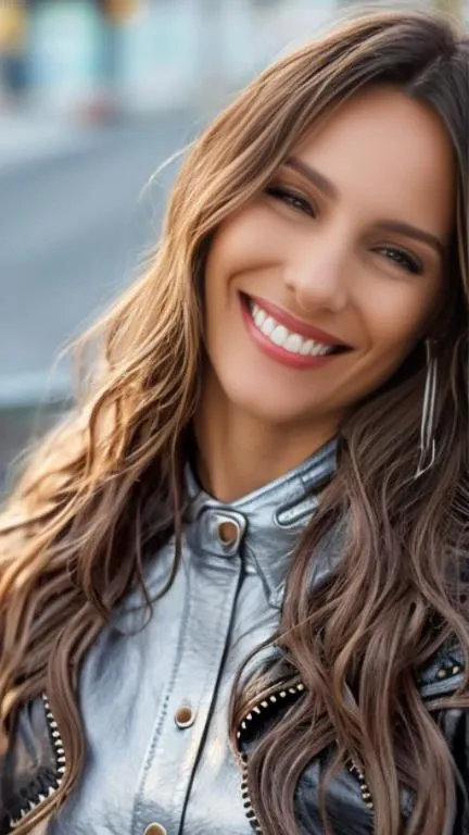 portrait of woman (pampita:1) smiling with a leather jacket, in the street, high detailed face, 4k, 8k, <lora:pampita:1>