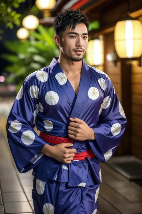 a gay man, sexy, muscular, strutting outdoors, gorgeous detailed eyes, detailed face, scruffy stubble, pouring rain, outdoors, (yukata outfit:1.5), (open clothes:1.5),  with bulge, bokeh, depth of field,