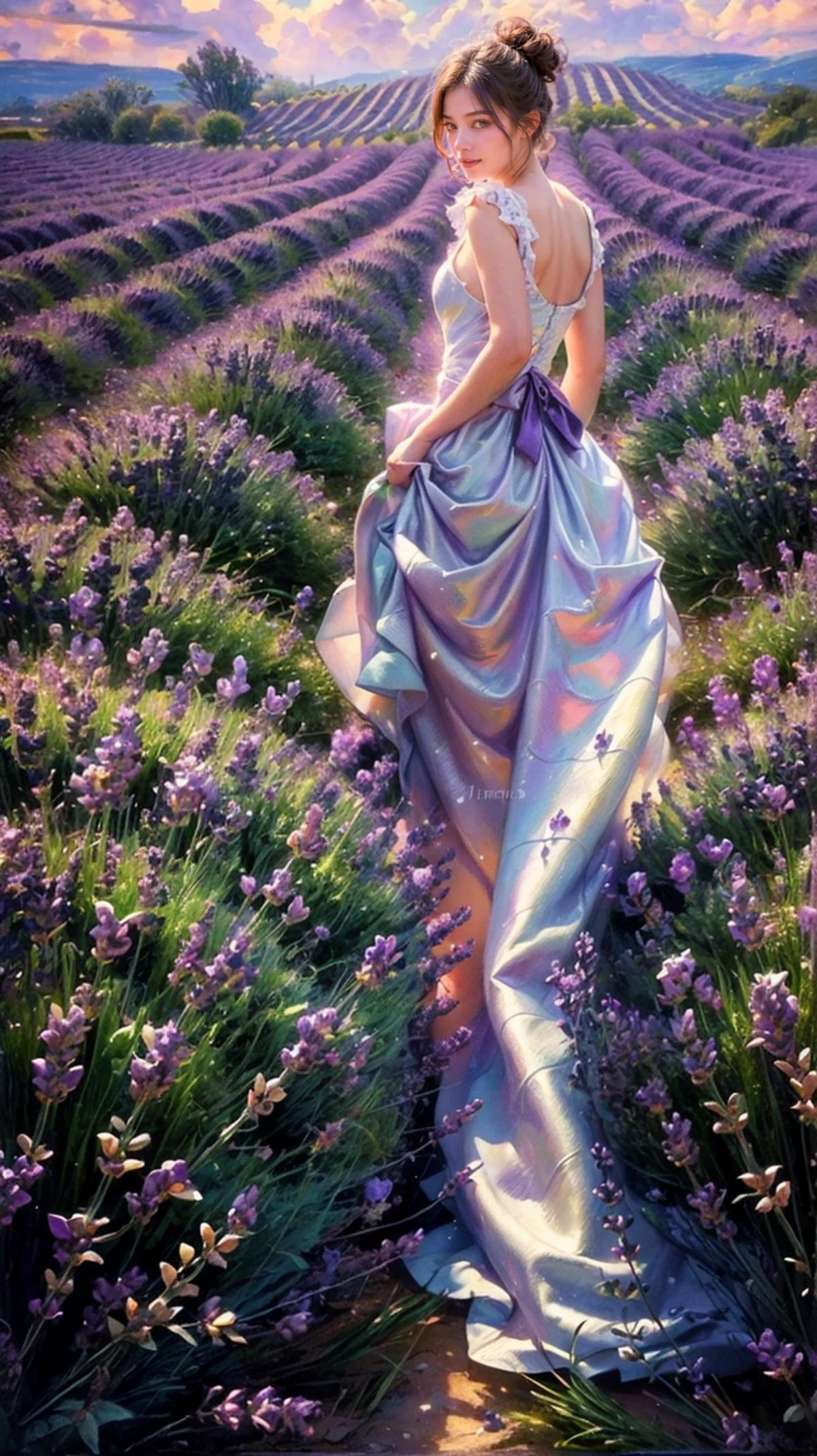 1 girl , Lavender field , ( Lavender : 1.4 ), ( white dress : 1.4 ) , Elke Vogelsang, a stock photo,( bluish-purple pastel theme : 1.4 ) ,cowboy shot, blue cloudy sky, light smile,
(masterpiece, best quality, realistic, beautiful and aesthetic:1.4), colorful,((ultra-detailed)),cinematic light,rimlight,golden hour,
<lora:add_detail:0.6> ,<lora:epi_noiseoffset2:0.3>, <lora:lightingBasedPicture_v10:0.5>