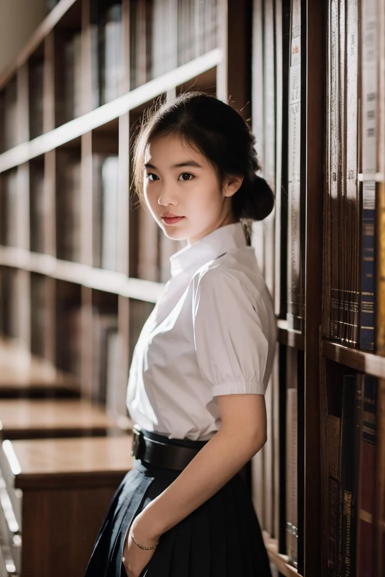 1 girl, mathayom uniform, (white shirt short sleeves:1.2), puffy short sleeves, (black pleated long skirt:1.2), belt, dynamic pose,
looking at viewer, (in library:1.2), indoors,
8K, realistic, photo, (photorealistic: 1.3), (High Skin Detail),
(masterpiece, top quality, best quality, official art, beautiful and aesthetic:1.2), ((extreme exquisitely delicate and beautiful)),
<lora:mathayom22:1:lbw=RMBG>