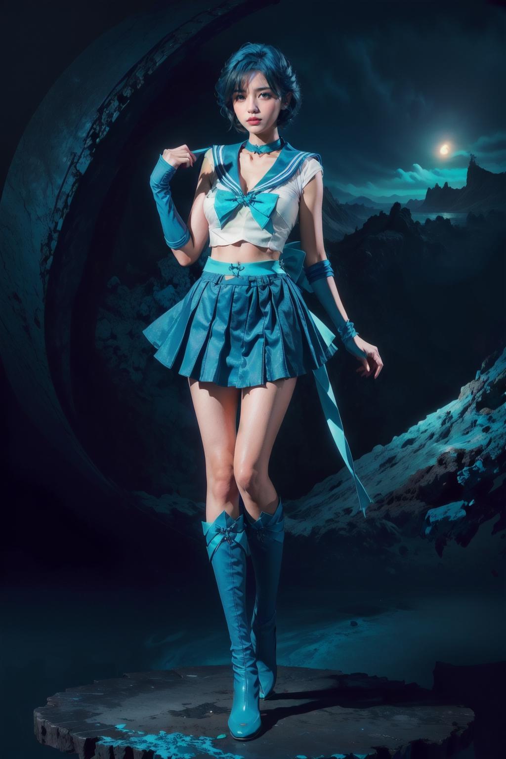 A woman in a blue skirt and boots standing on a rock - SeaArt AI