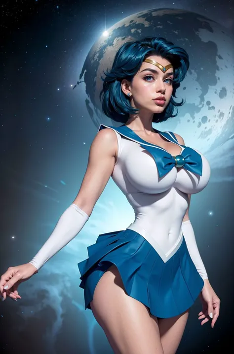 masterpiece, beautiful woman supermodel ,perfect lighting , <lora:b1mb0_v3:0.3> ,b1mb0, <lora:th3p1t_v3:0.3> ,th3p1t, (full body,wide shot),standing,space background, smirk, <lora:mercury_v2:0.85> mer1, tiara, sailor senshi uniform,blue hair,blue skirt,circlet,elbow gloves