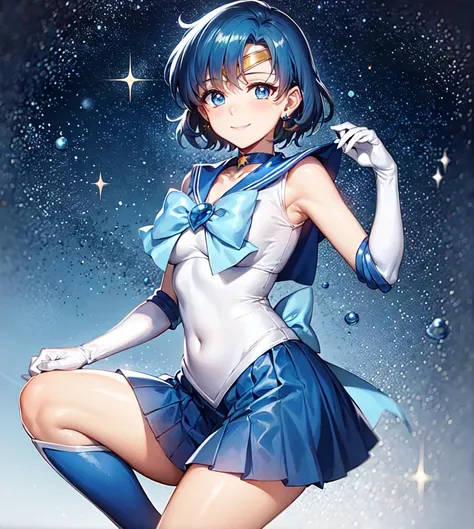 armpits, blue bow, blue sailor collar, blue skirt, blue theme, blush, boots, breasts, brooch, choker, covered navel, earrings, elbow gloves, gloves, jewelry, knee boots, looking at viewer, magical girl, mer1, outdoors, sailor senshi uniform, skirt, smile, starry background, tiara, white gloves, <lora:mercury_v2:0.7>
