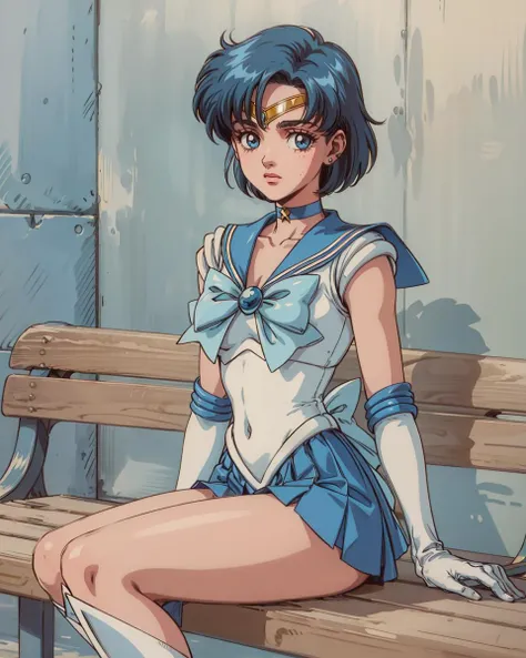 highres, mer1, tiara, sailor senshi uniform, blue sailor collar, bow, knee boots, choker, white gloves, blue choker, elbow gloves, jewelry, earrings, blue skirt, <lora:mercury_v2:0.7>, cowboy shot, (1990s \(style\):1.2) , sitting, bench,<lora:add_detail:0.25>, masterpiece, best quality, perfect composition