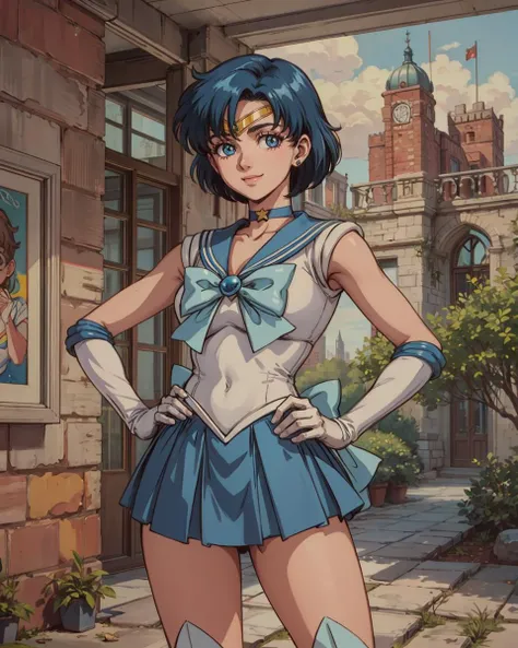 highres, mer1, tiara, sailor senshi uniform, blue sailor collar, bow, knee boots, choker, white gloves, blue choker, elbow gloves, jewelry, earrings, blue skirt, <lora:mercury_v2:0.7>, cowboy shot, (1990s \(style\):1.1), outdoors, hand on hip, smile, indoors,<lora:add_detail:0.25>, masterpiece, best quality, perfect composition, faux traditional media