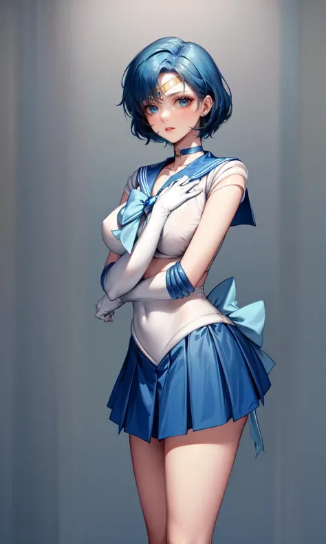 masterpiece, top-quality, Hi-Res, mer1, tiarra, Sailor Senshi uniform with skirt removed, Blue Sailor Color, the bow, knee boots, a choker, white glove, Blue choker, elbowgloves, jewely, 耳Nipple Ring, Skirt removed,no skirt、leotard、 cowboy shot, is standing, space_background、Angry look、Painful look、Sad face、Looks like you're about to cry、tears、